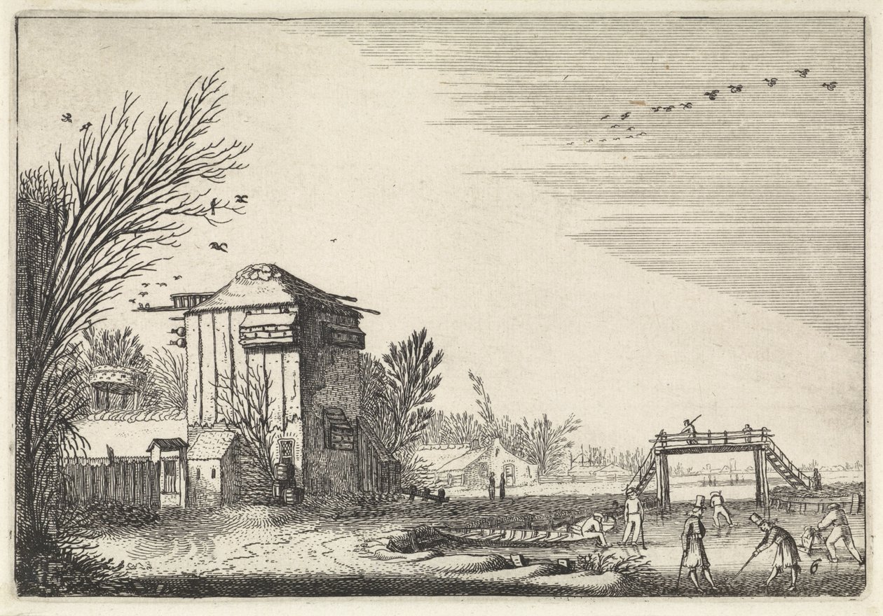 Golf Players on the Ice by a Dovecote (series title: Landscapes, Amenissimae aliquot requculae) by Jan van de Velde (II)