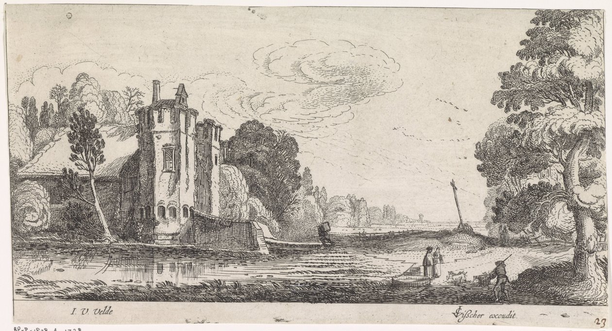 Landscape with Figures by a Fortified House with Two Towers by Jan van de Velde (II)