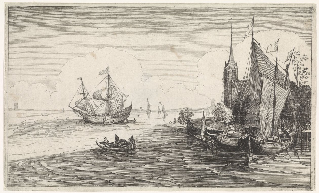 Ships off a coast near a church (Seascapes) by Jan van de Velde (II)