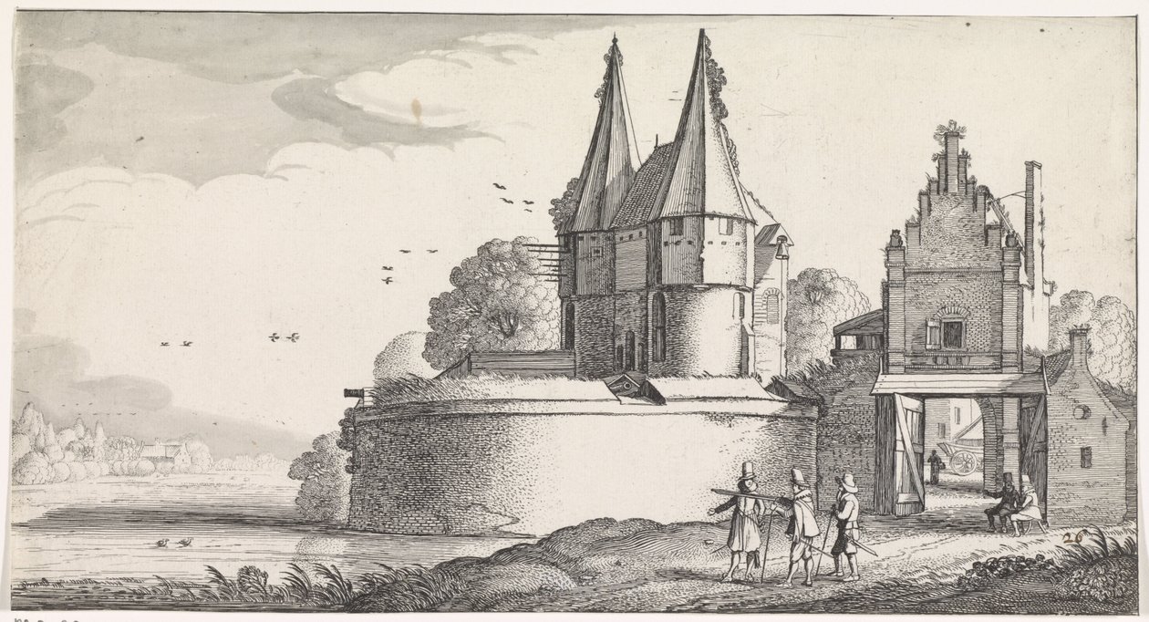 Soldiers at a Fort and a City Gate by a River (series title: Pleasant Landscapes and Delightful Sights) by Jan van de Velde (II)