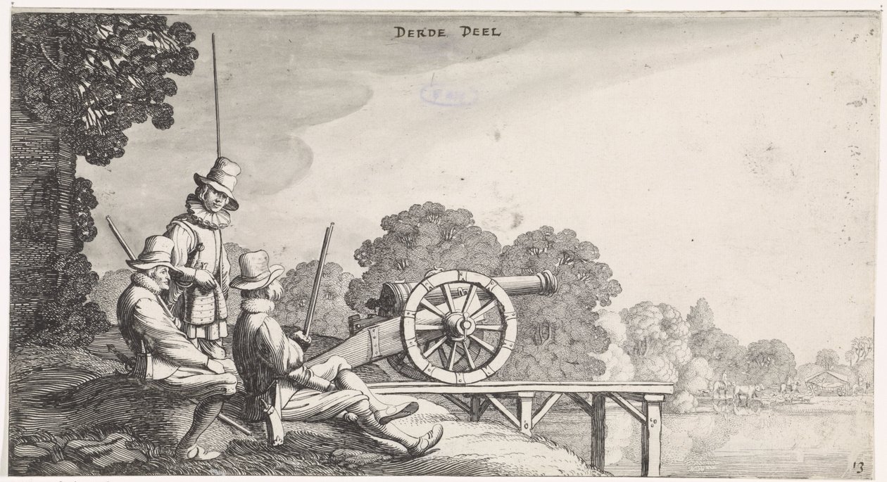 Soldiers by a Cannon on a Pier by a River (Playsante lantschappen ende vermakelycke gesichten) by Jan van de Velde (II)