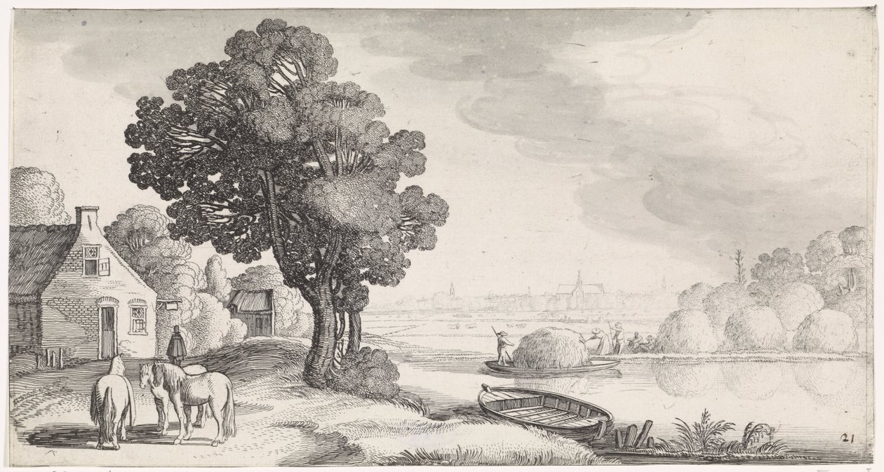 Transport of Hay on a River with Haarlem in the Distance (Playsante lantschappen ende vermakelycke gesichten) by Jan van de Velde (II)