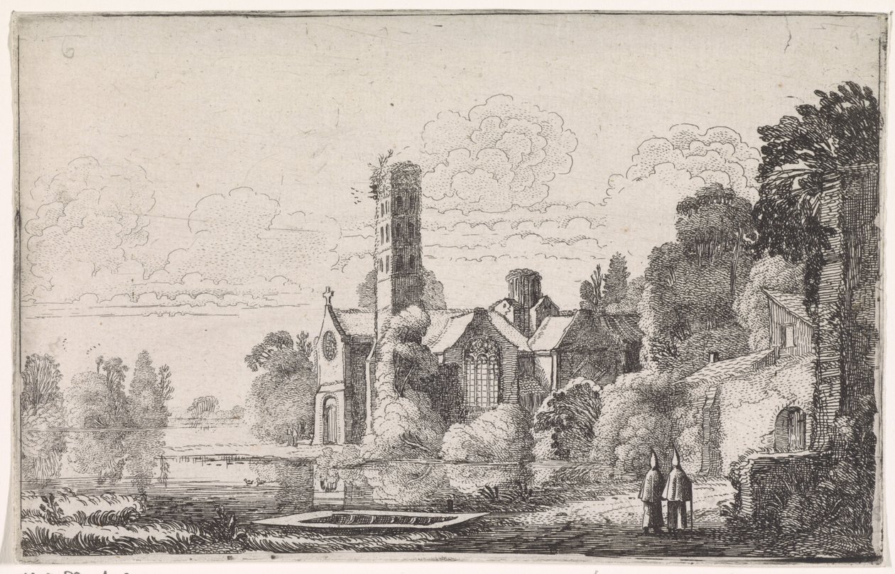 Two Monks by an Abbey in a River Landscape by Jan van de Velde (II)