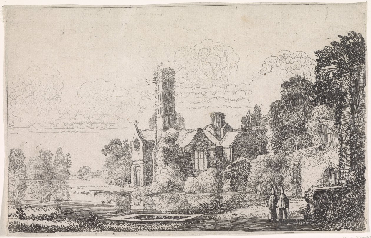 Two Monks by an Abbey in a River Landscape by Jan van de Velde (II)