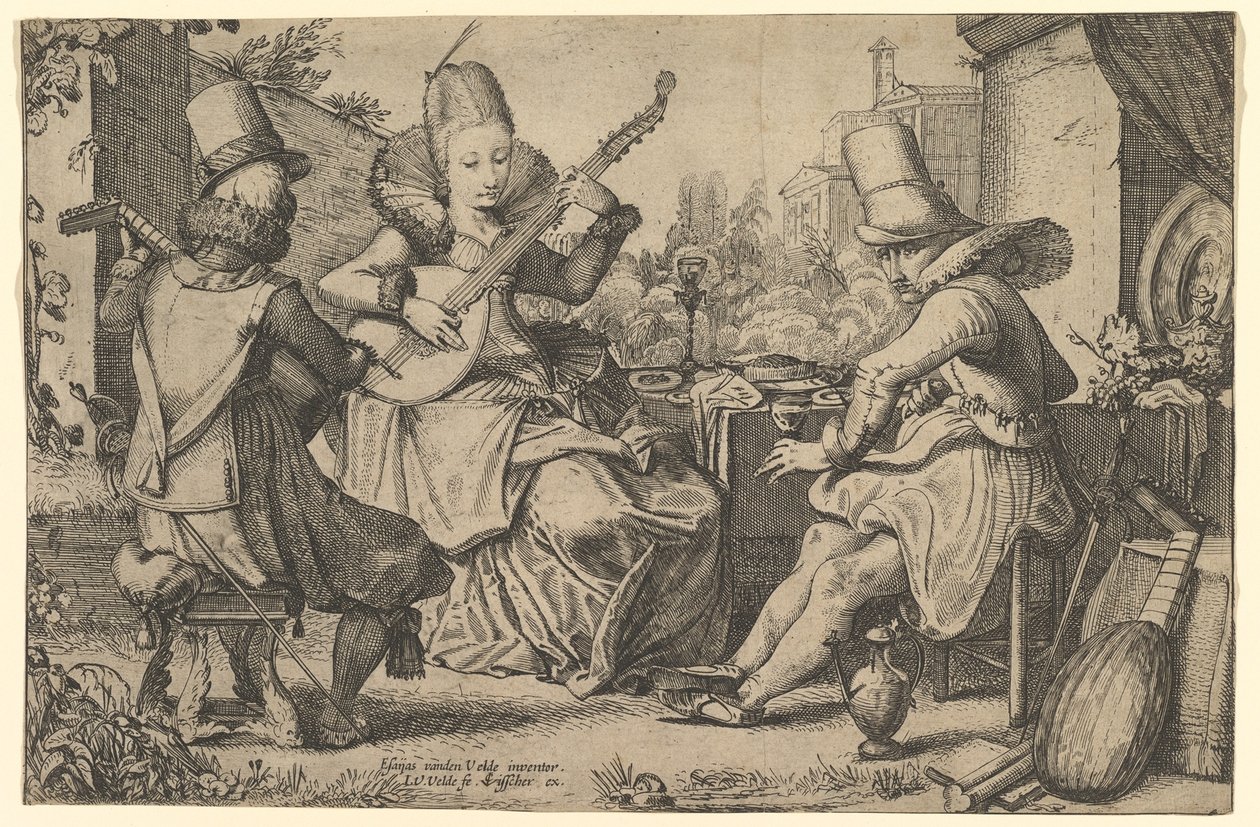 Two Elegantly Dressed Men and a Woman in a Garden, 1613-41 by Jan van de Velde II