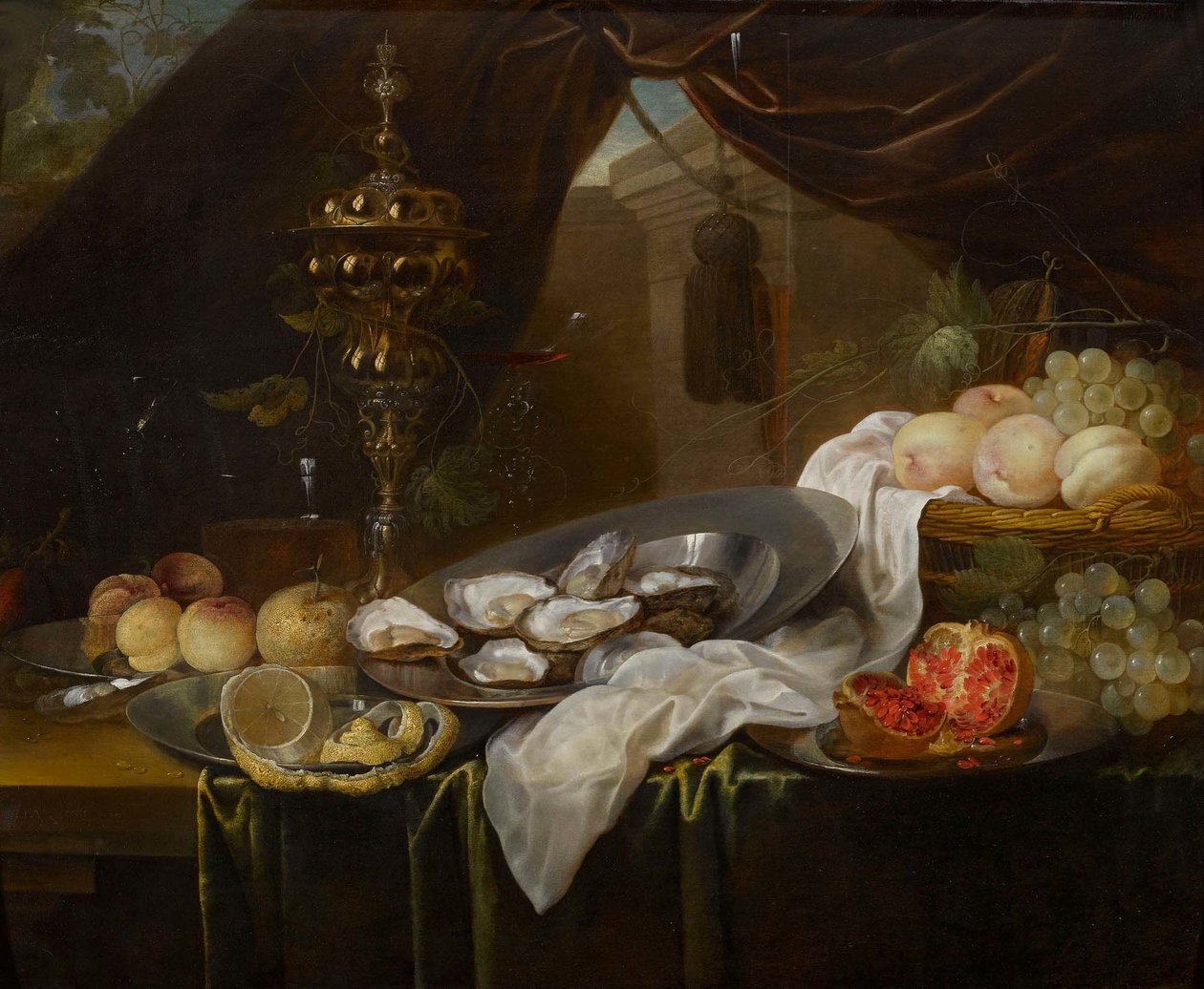 Still life with gold cup, Façon de Venise glassware, fruits and oysters by Jan van den Hecke