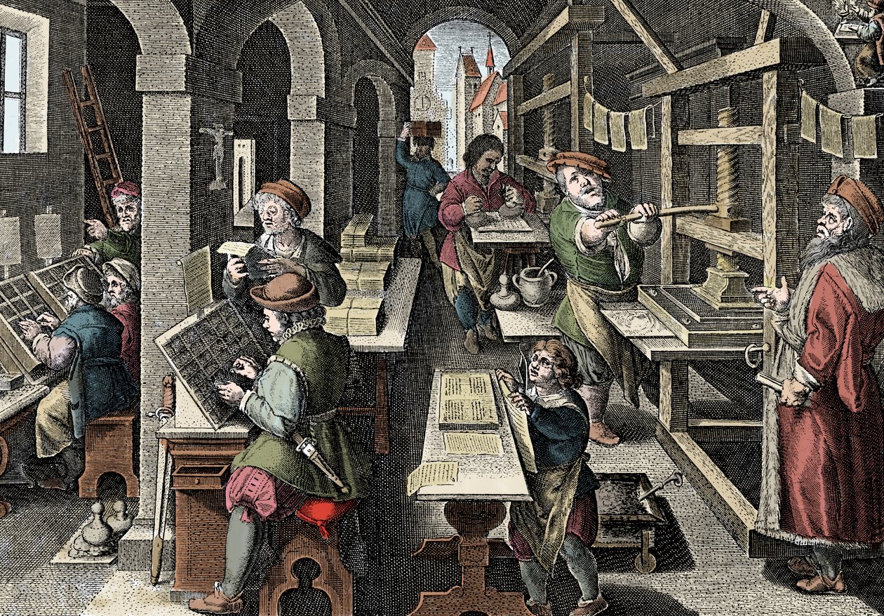 Printing office, c1600 - Holland. Engraving from 