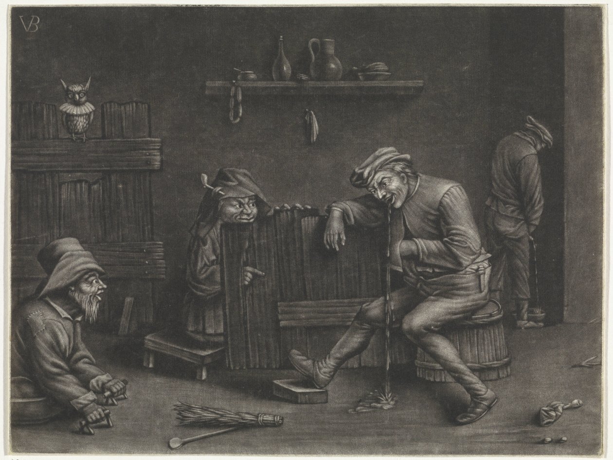 Interior with urinating man, vomiting man, a dwarf, and a beggar by Jan van der Bruggen