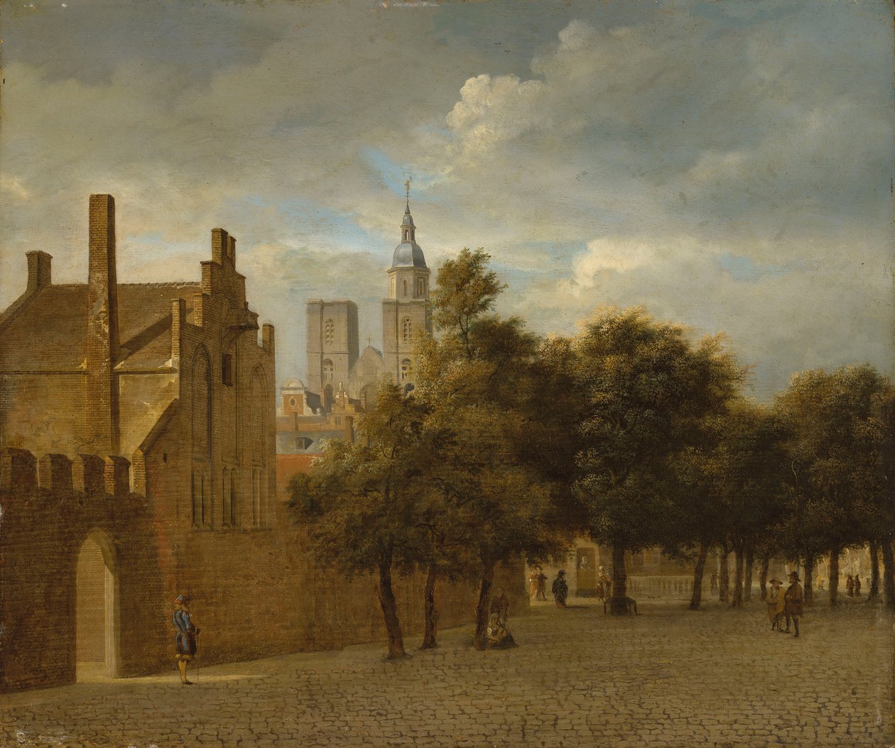 A Townscape with Figures Promenading, a Church Beyond by Jan van der Heyden