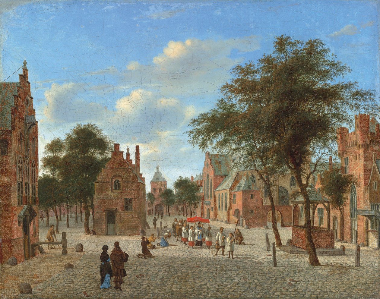 A View of a Town Square, with a Procession during the Feast of Corpus Christi and Figures Kneeling before the Host, c.1637-1712 by Jan van der Heyden