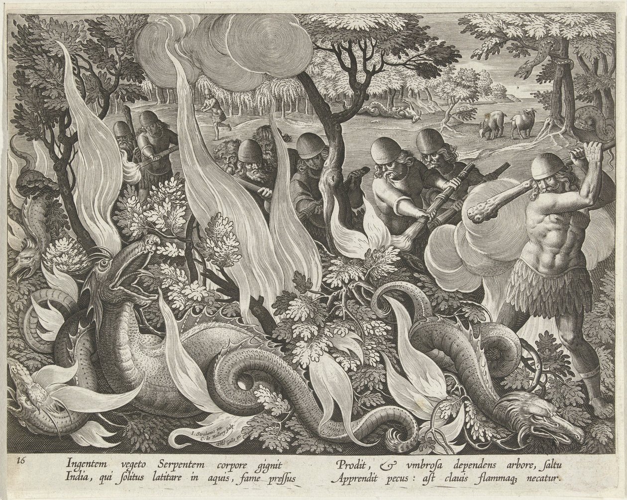Catching Serpents in India Using Clubs and Torches to Light the Undergrowth, pub. 1640 (engraving) by Jan van der Straet