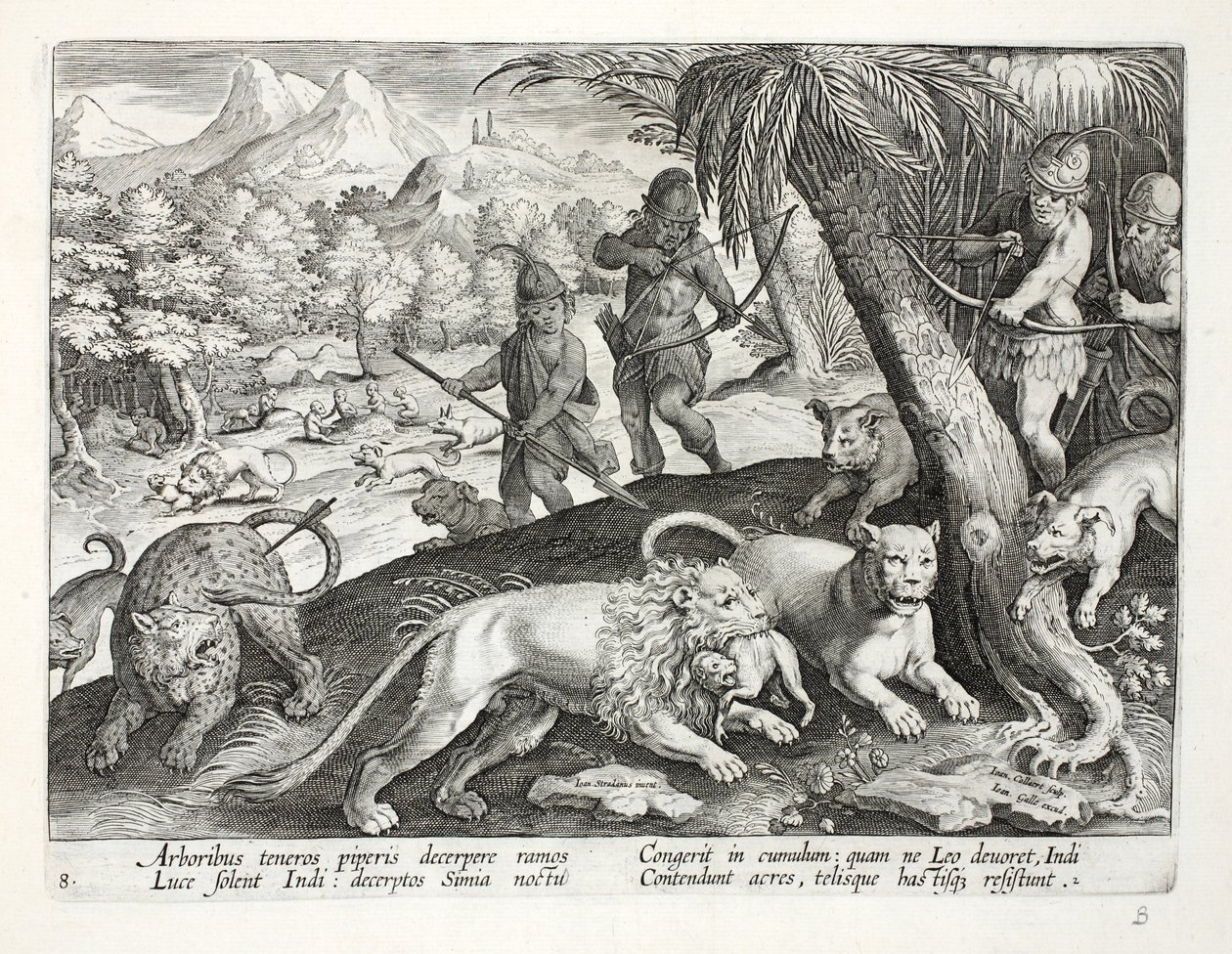Indians Shoot Lions with Arrows, who have Captured Monkeys in their Mouths, illustration from 