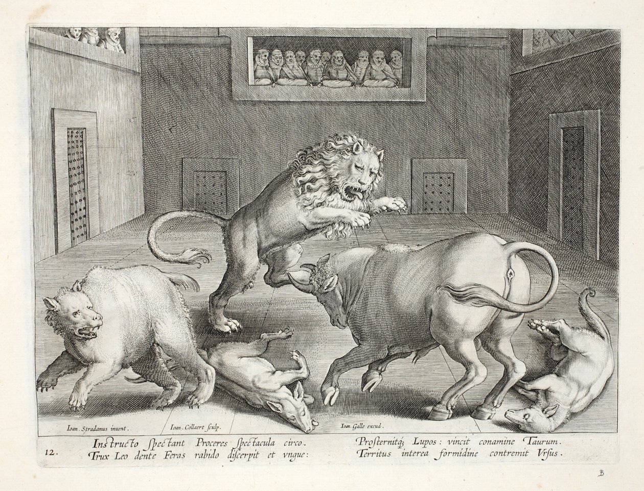 Noblemen watch combat of wild beasts in an indoor circus, illustration from 