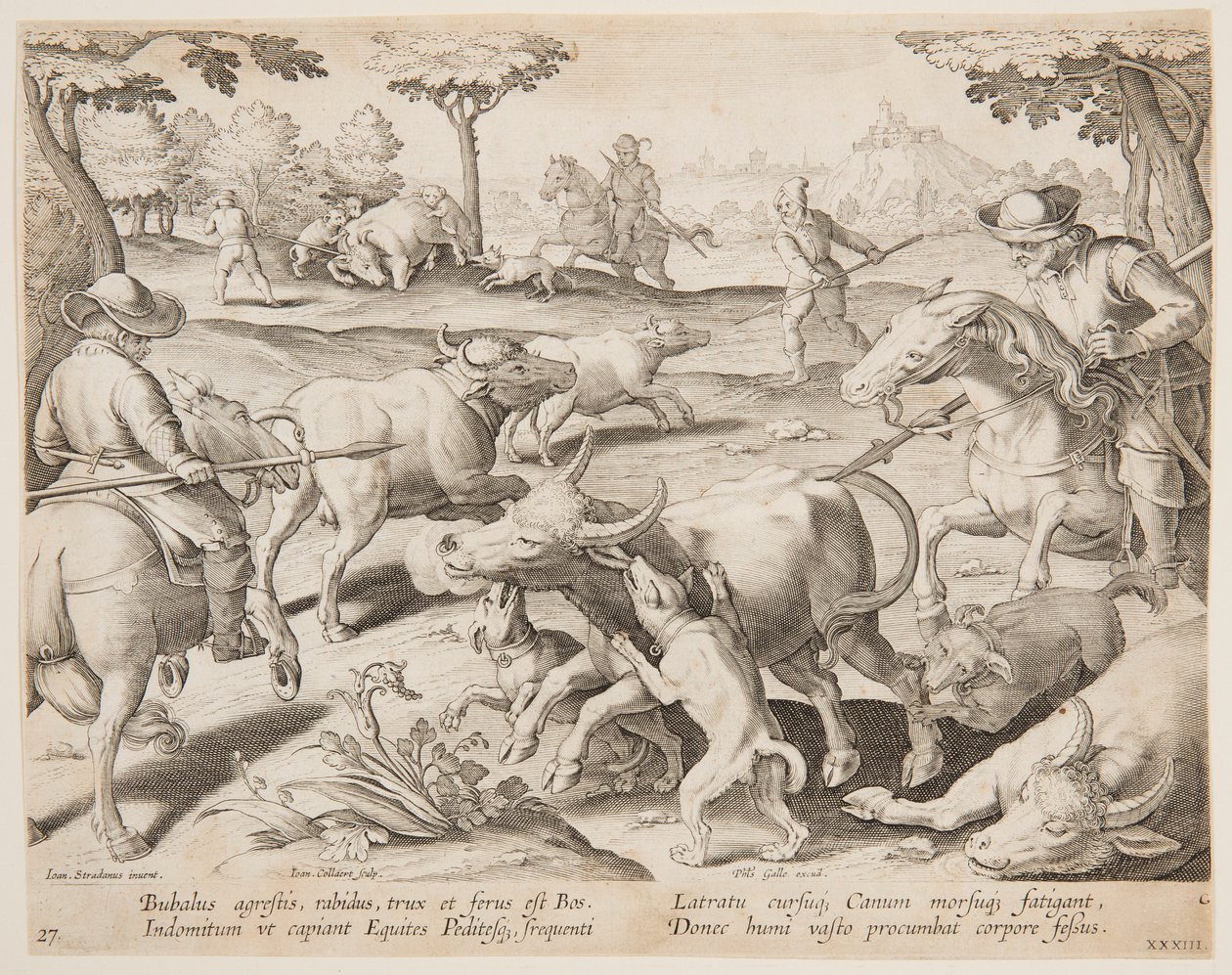 Buffalo Hunt, plate 27 in the Venationes Ferarum, Avium, Piscium series by Jan van der Straet, called Stradanus