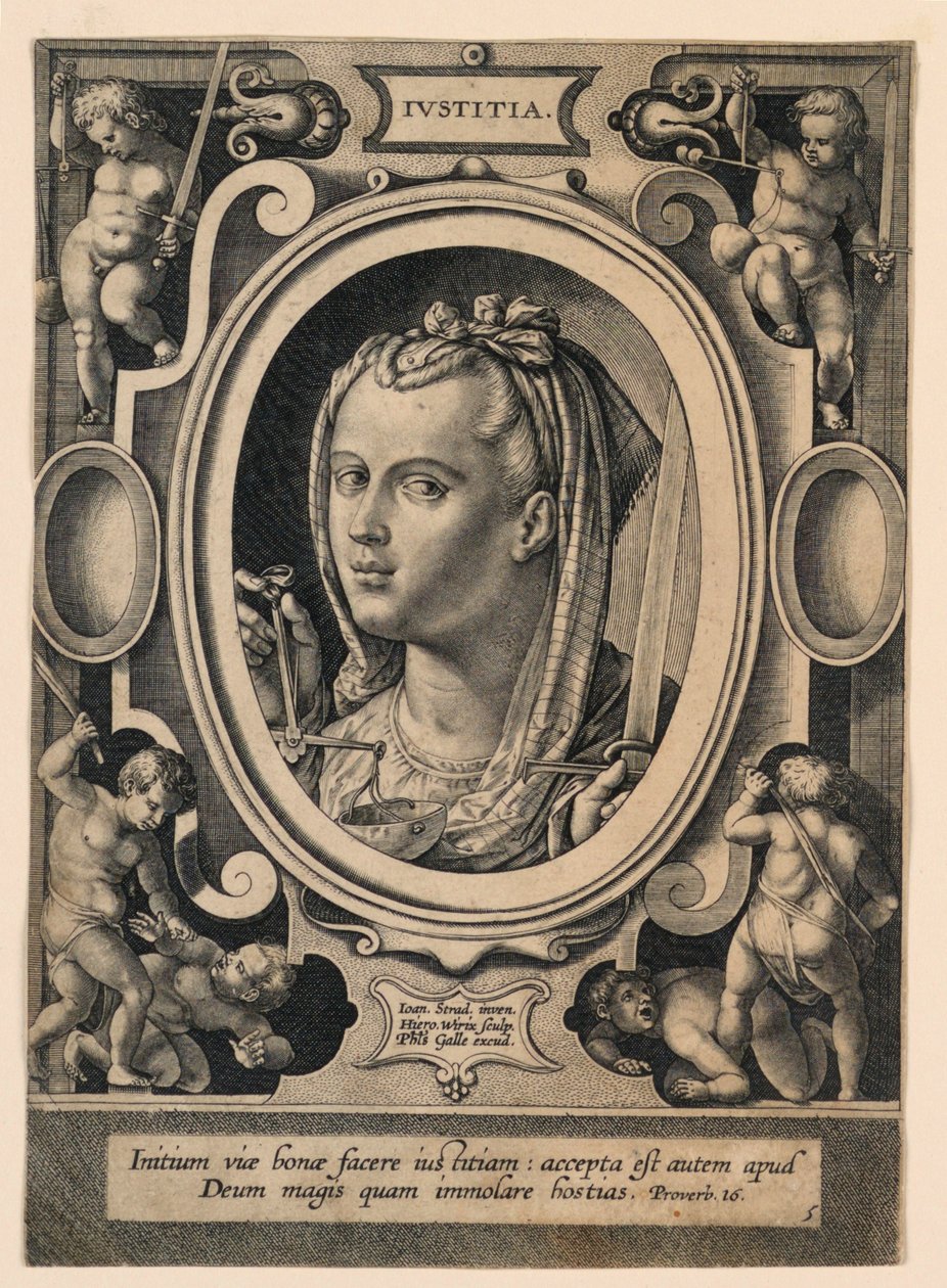 Justice (Iustitia), plate 5 from the "Virtutum theologicarum et cardinalium" by Jan van der Straet, called Stradanus