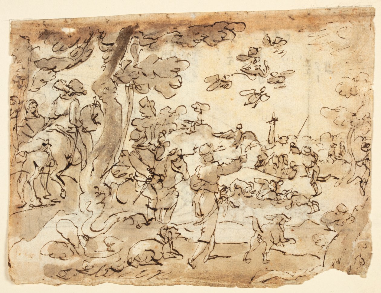 Bird Hunt with Falcons; Lunette Decorated with Animals, Capricorn, and Foliage by Jan van der Straet, called Stradanus