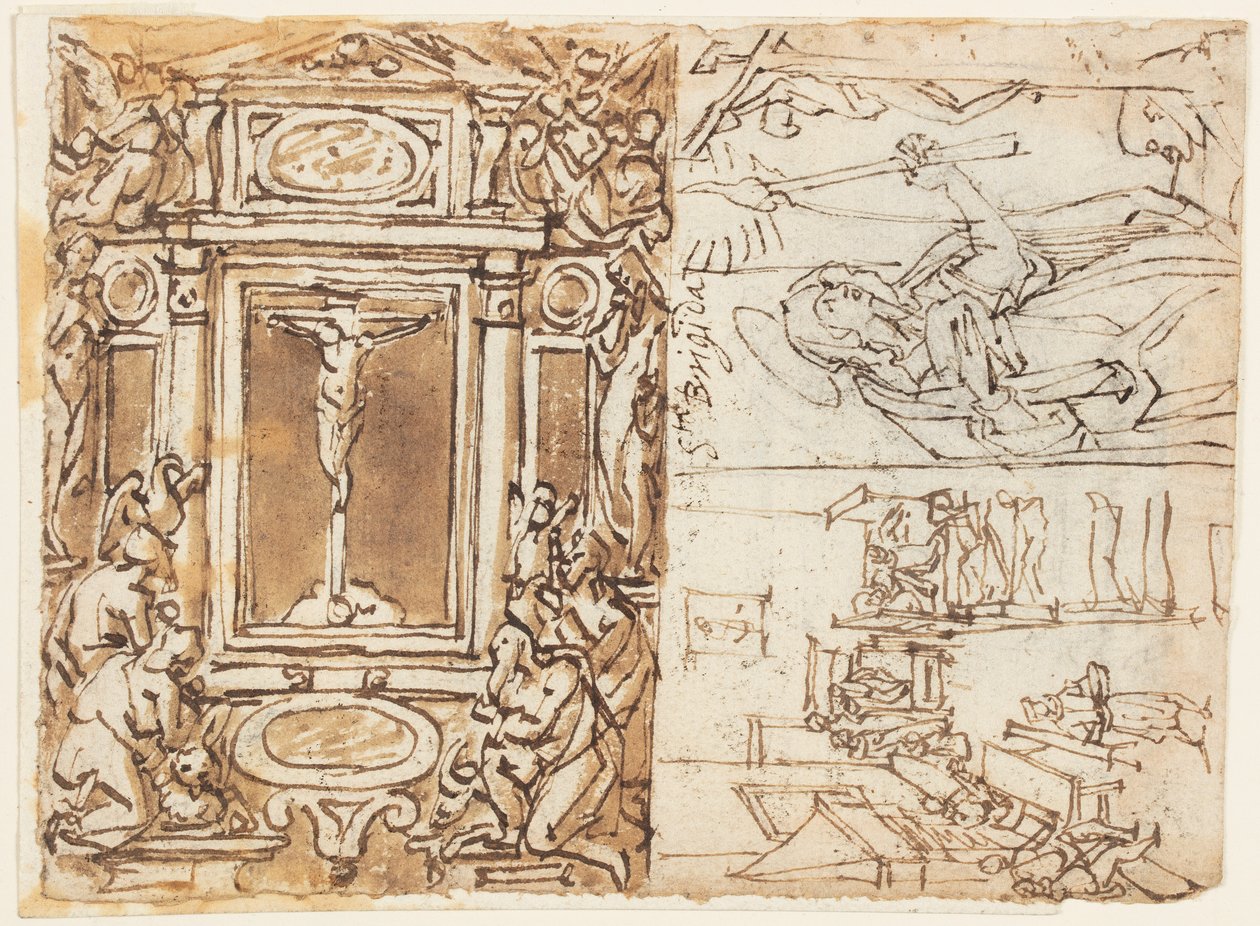 Sketchbook Page; Monument of Marcus Aurelius Antonius with Son; Study for an Engraving by Jan van der Straet, called Stradanus