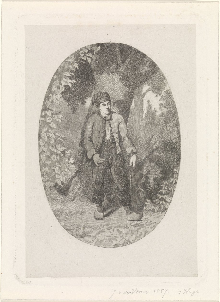 Man by a Tree in a Forest by Jan van der Veen (prentmaker)