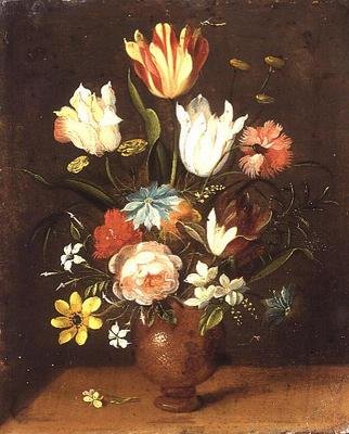 Tulips, roses, pinks and other flowers in a vase by Jan van the Elder Kessel