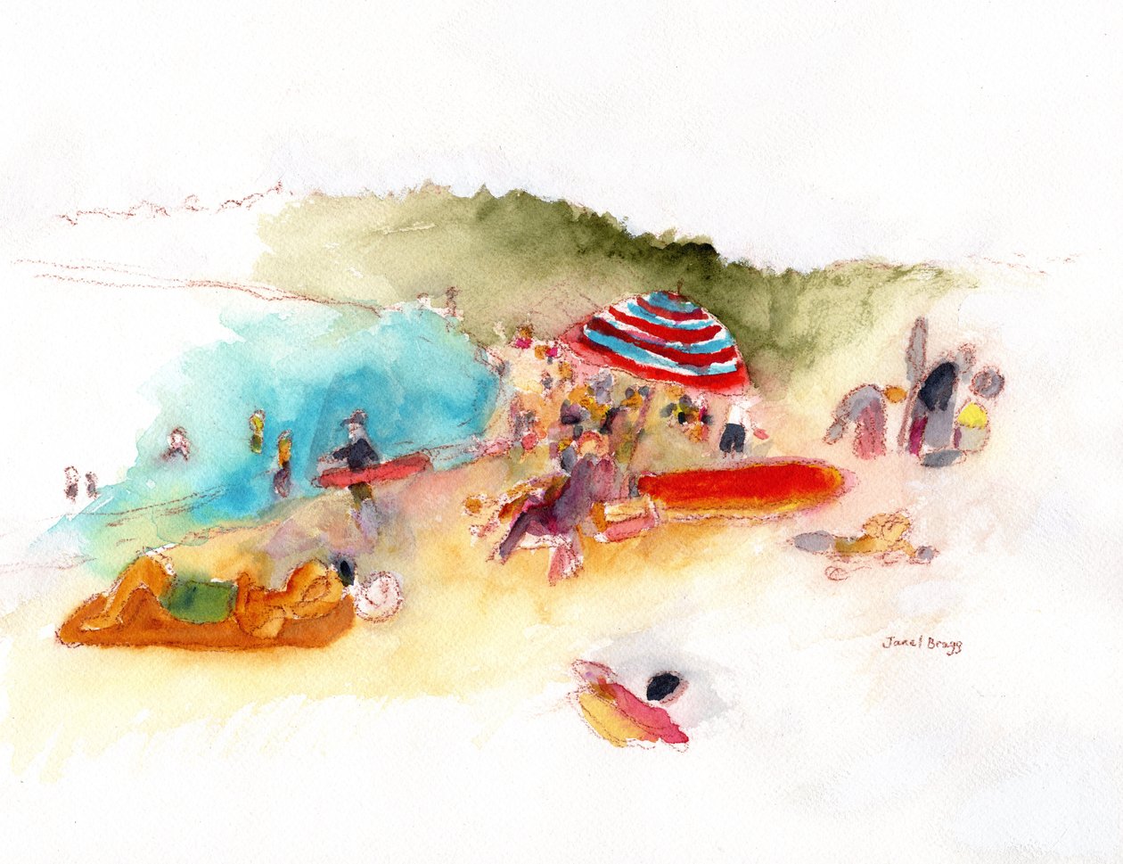 Beach Sunbathers and Surfers at Hanalei Bay, c.2019 by Janel Bragg