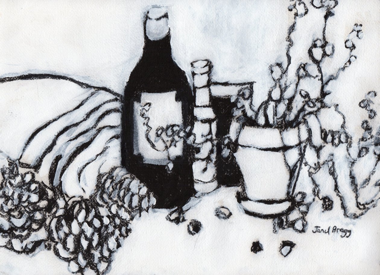 Still Life with Olive Oil and Pine Cones by Janel Bragg
