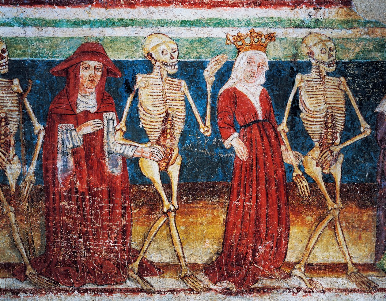 Hrastovlje fortified church, Trinity Church, Death accompanying Queen and cardinal, Dance of Death (1490) (detail) by Janez Kastav