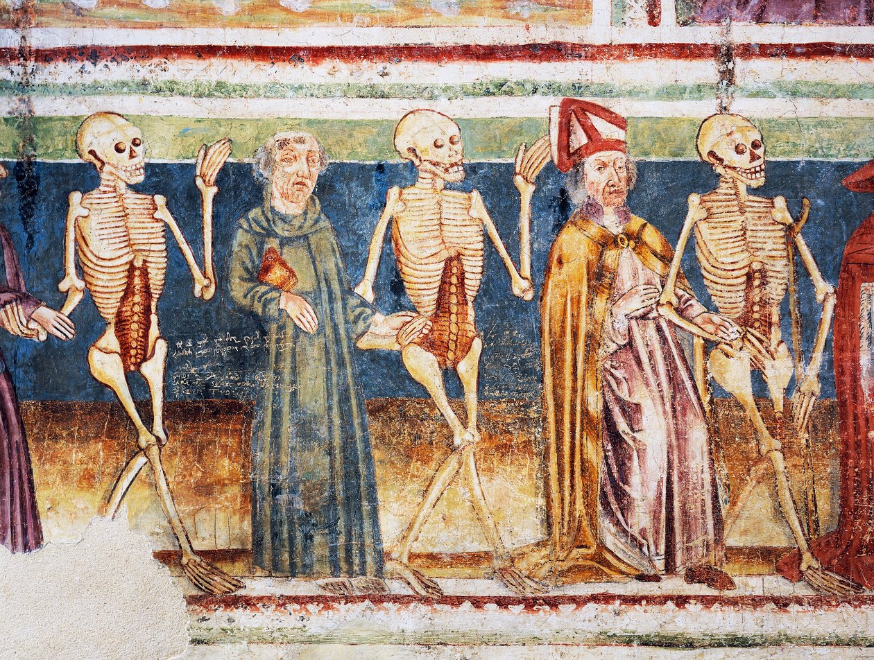 Hrastovlje Fortified Church, Trinity Church, Death Accompanying Bishop and Monk, Dance of Death (detail) by Janez Kastav