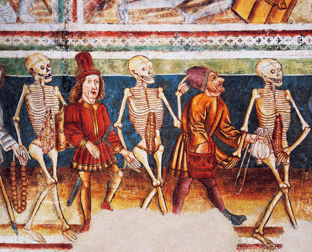 Hrastovlje Fortified Church, Trinity Church, Death Accompanying Merchant and Wealthy Banker, Dance of Death (detail) by Janez Kastav