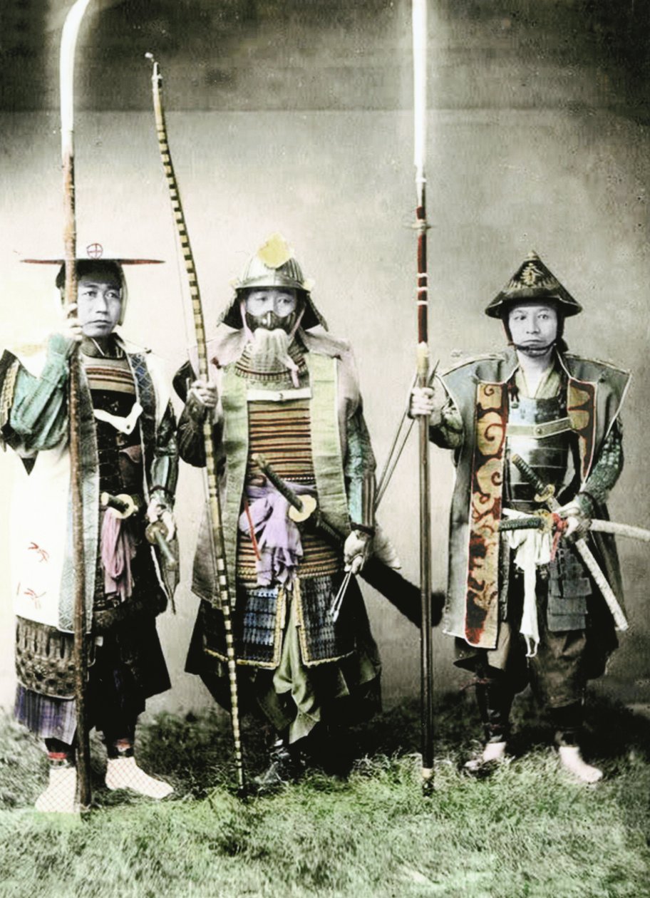 Samurai of Old Japan Armed with Long Bow, Pole Arms and Swords, 1883 (hand coloured albumen photo) by Japanese Photographer