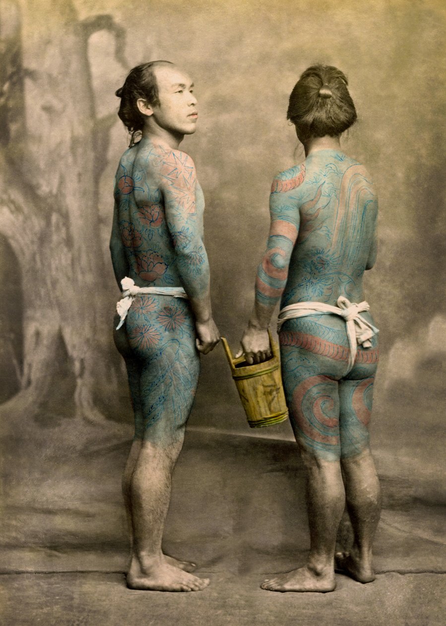 Two men with traditional Japanese Irezumi tattoos, c.1880 by Japanese Photographer