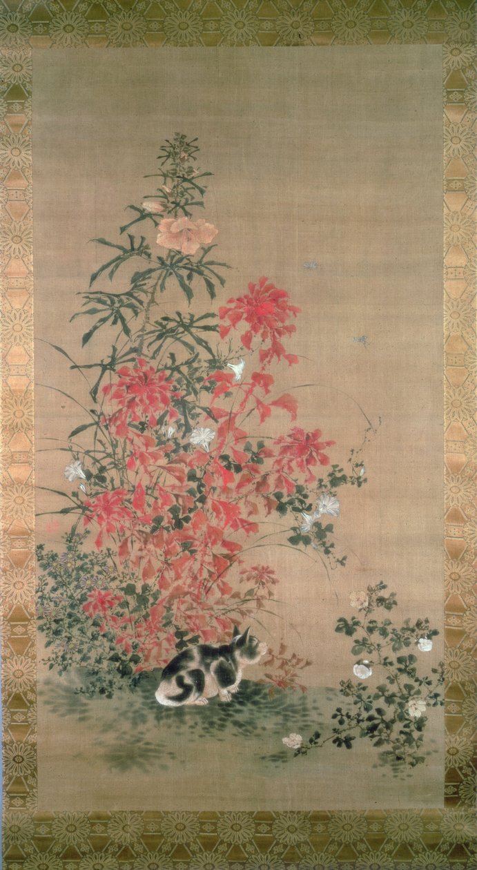Cat Amongst Flowers by Japanese School