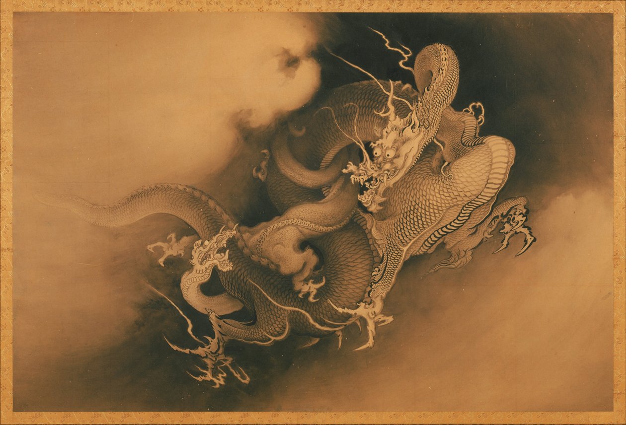 Two Dragons in Clouds by Japanese Kanō Hōgai