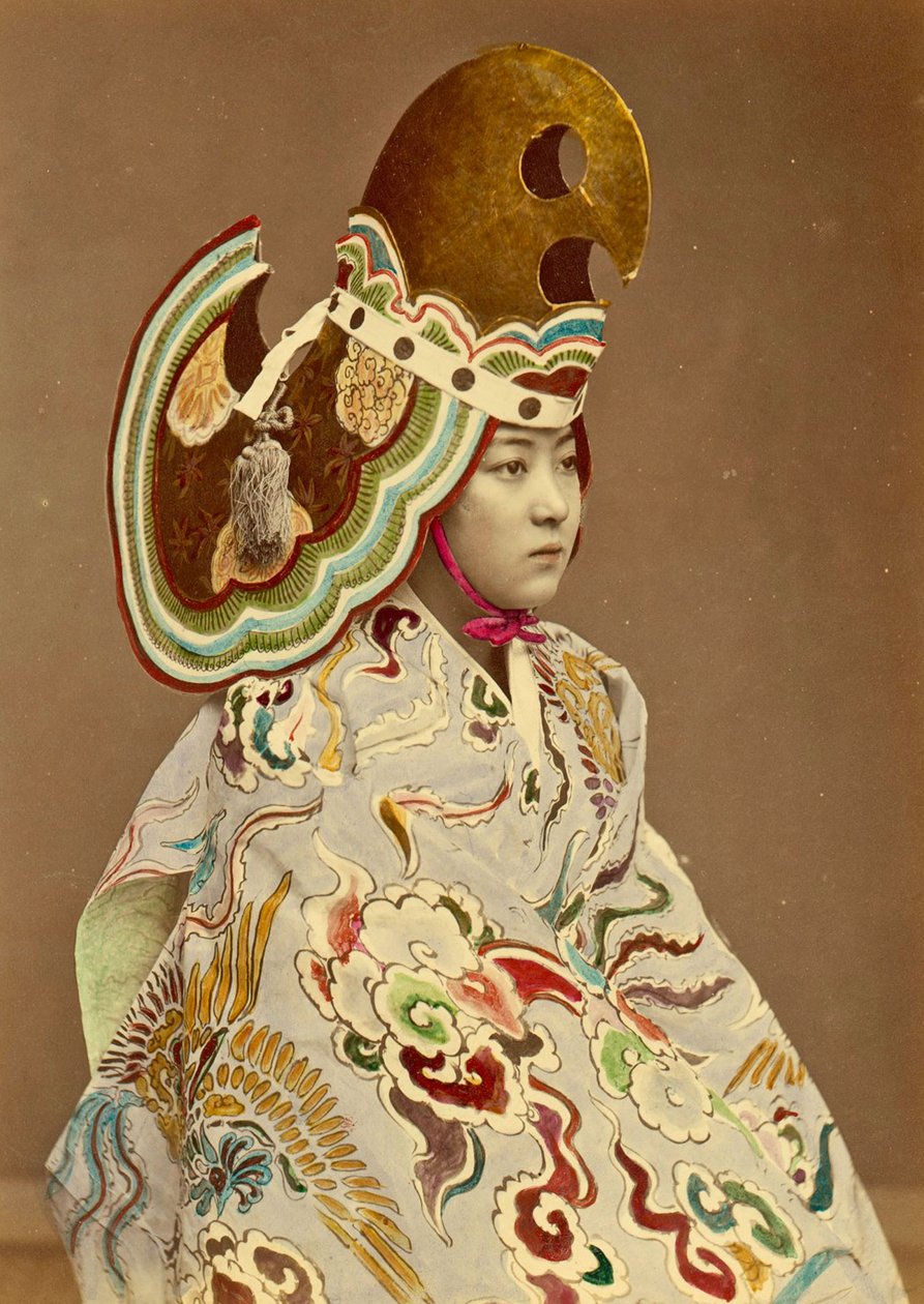 Japanese girl in traditional costume (hand coloured albumen photo) by Japanese Photographer