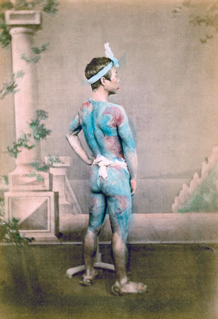 Portrait of a Groom with traditional Japanese Irezumi tattoos, c.1882 by Japanese Photographer