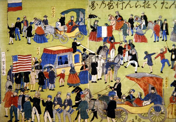 American, Dutch and French Visitors Arriving at Yokohama in Japan, c.1860 by Japanese School