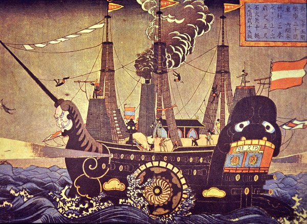 American side-paddle steamship of 1853 painted by an awestruck Japanese artist by Japanese School