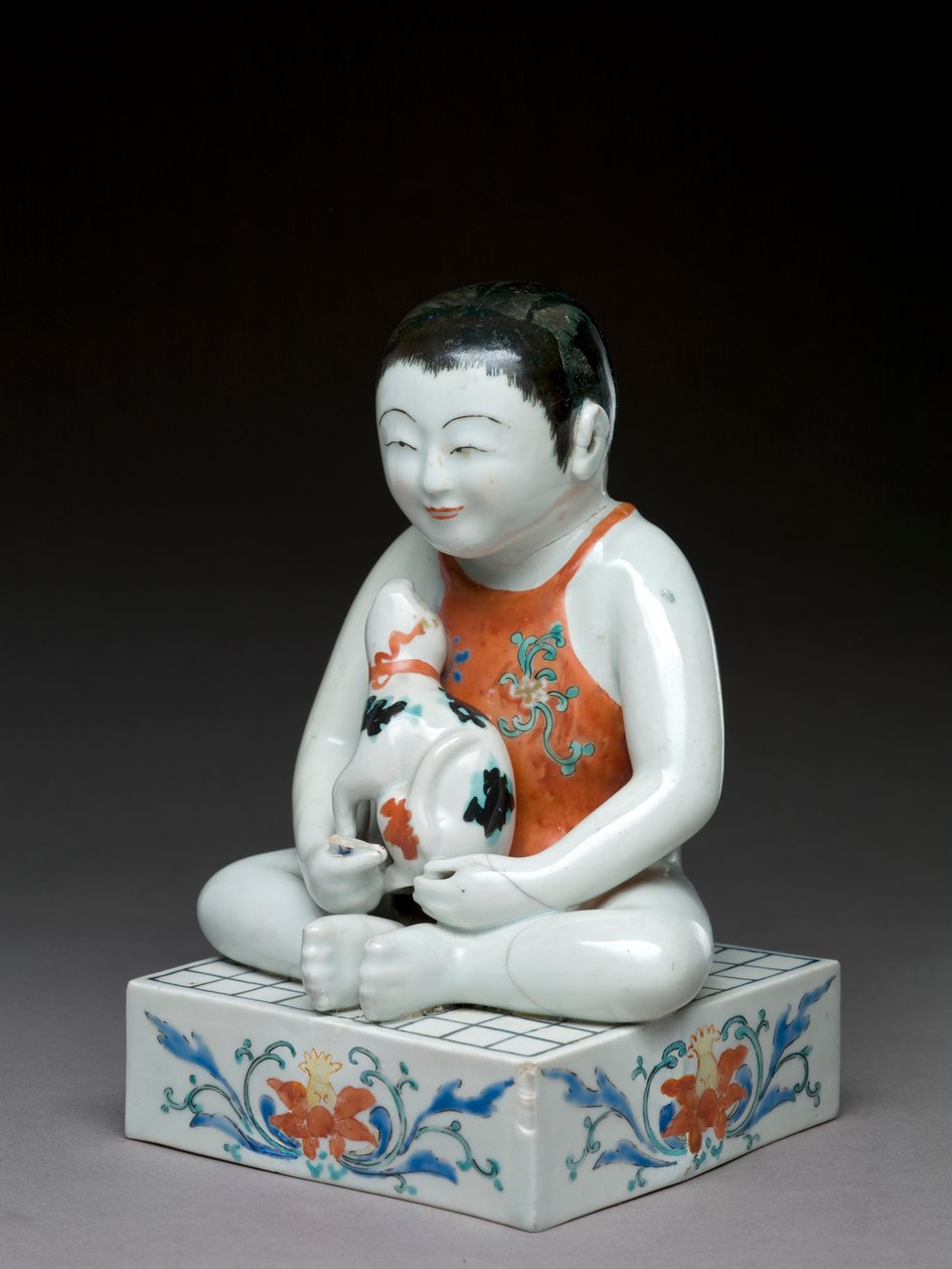 Boy with a Dog Sitting on a Square Shogi Table, Kakiemon Related Ware, Japanese, 1680-1700 by Japanese School
