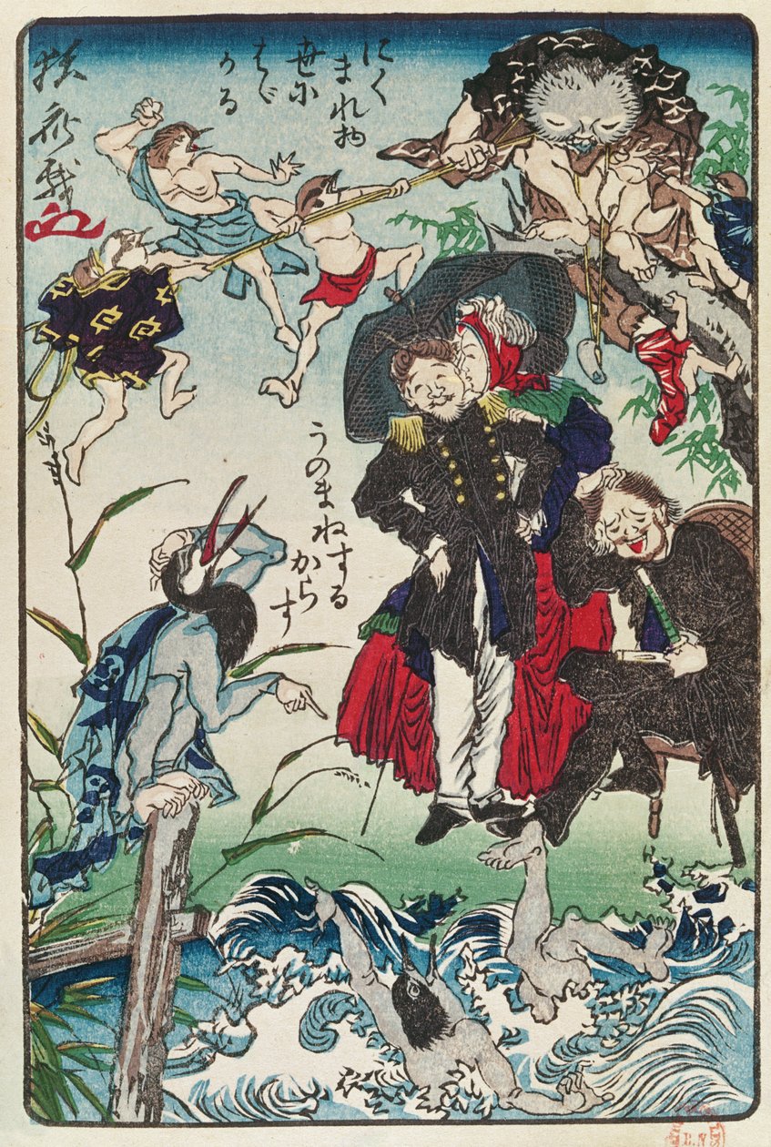 Caricature of Japanese people wearing western clothing by Japanese School