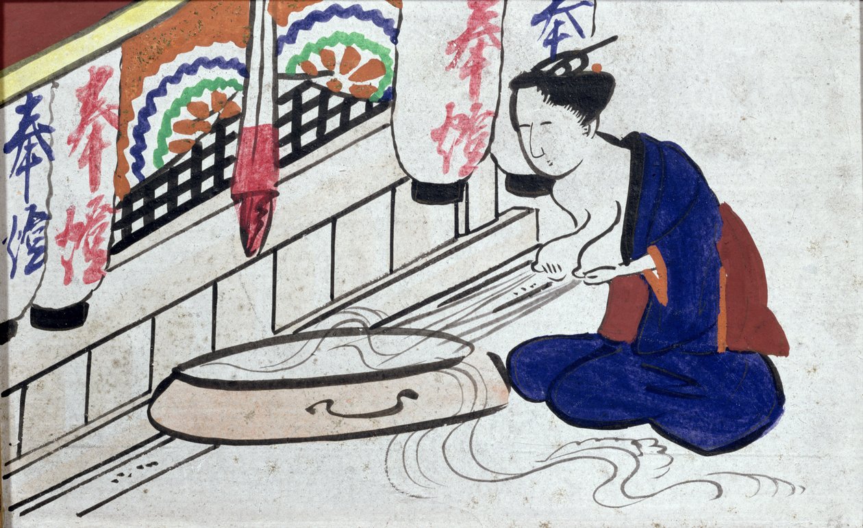 Ema (votive plaque) depicting a woman expressing milk by Japanese School