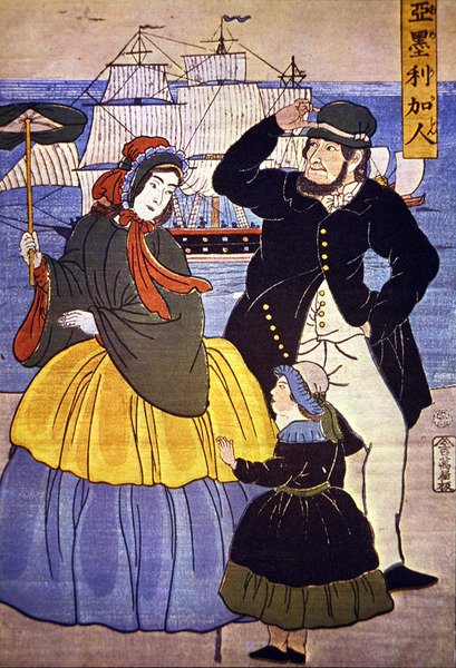 European Family at Yokohama Harbour Front Painted by a Japanese Artist in 1861 by Japanese School