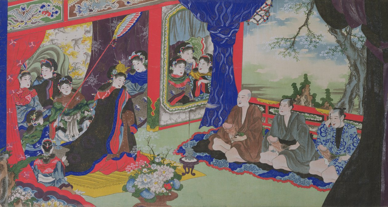 Fishermen Showing their Penises to the Empress and her Court, from an Erotic Story of Fishermen Shipwrecked on an Island Inhabited by Women by Japanese School