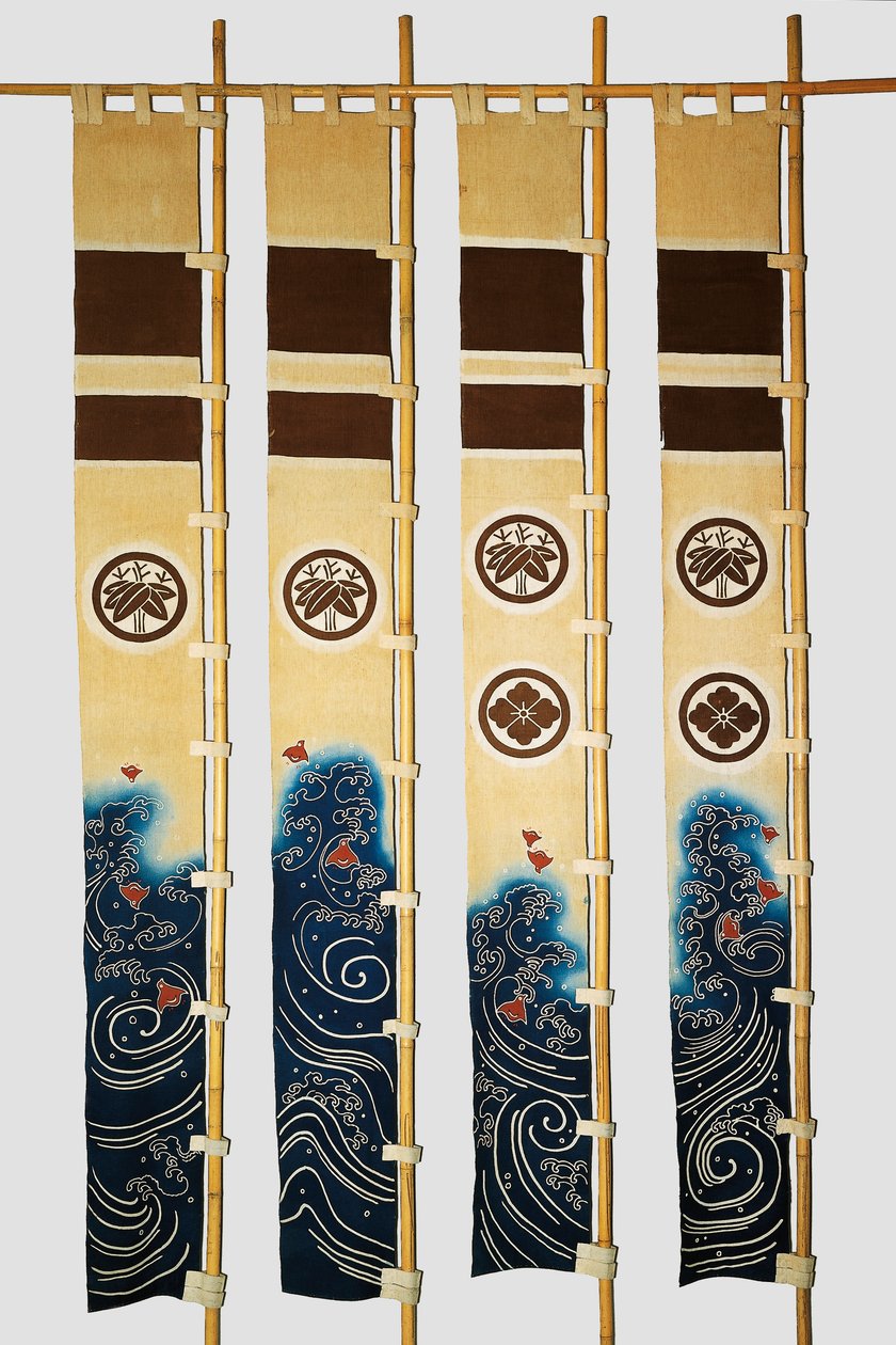 Four Banners with Motifs Depicting Plovers in Waves, Family Crests, Bamboo, Flower in Circles by Japanese School
