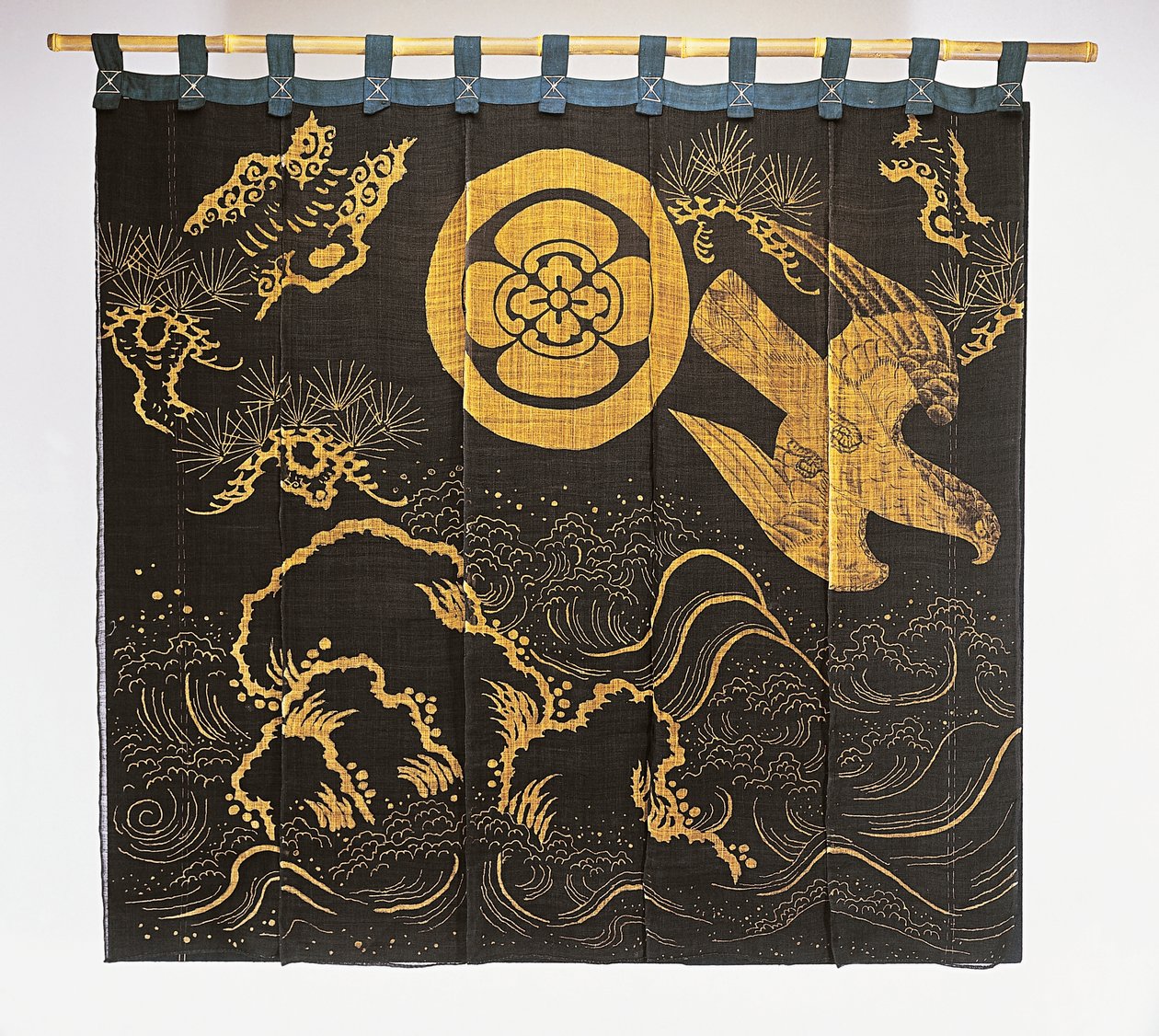 Hawk in Flight, Pine and Waves, Family Crest, Papaya Stylized, Detail from Noren Door Curtain by Japanese School