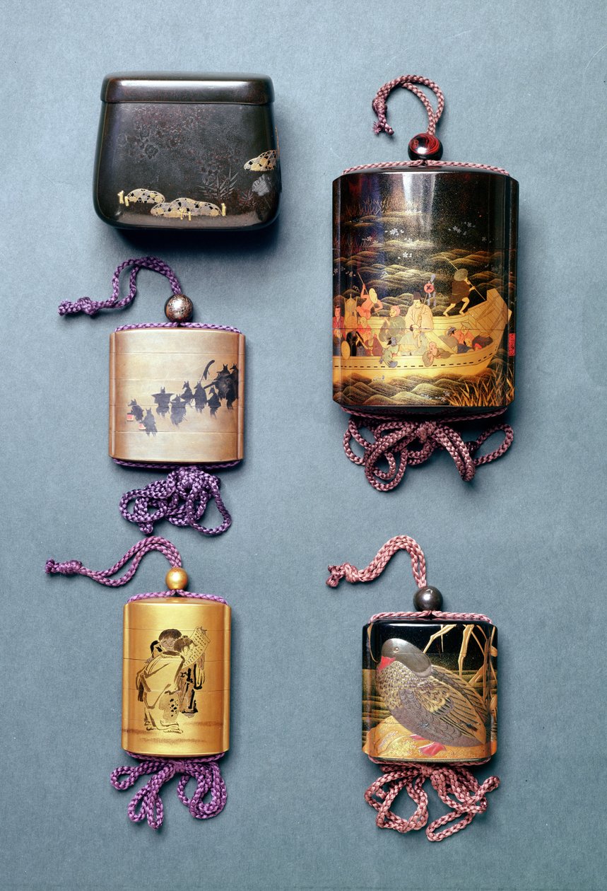 Inro and tobacco pouch Tobacco Pouch with Hiramaki e design signed Zeshin Inro foxes wedding procession in Sumi e Togidashi signed Toyo Inro two sages reading a scroll in Sumi e