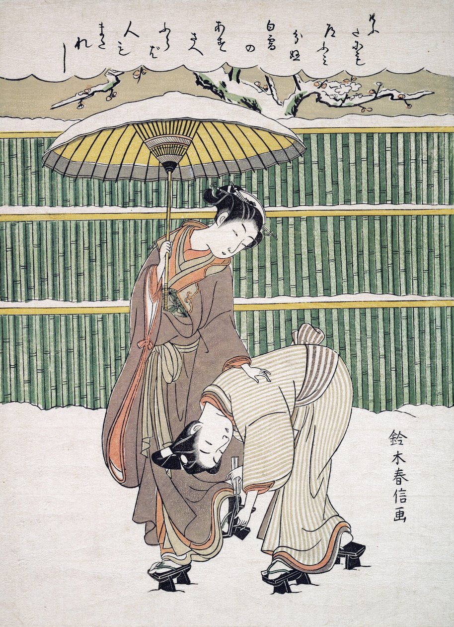 Japanese Lovers walking in Snow, pub. c. 1768 by Japanese School