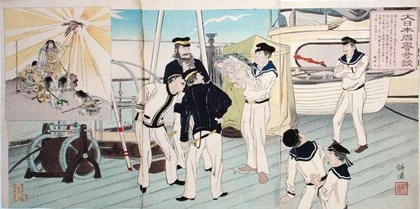 Japanese Sailors Admiring their Eagle Mascot, an episode from the Sino-Japanese War, late 19th century by Japanese School