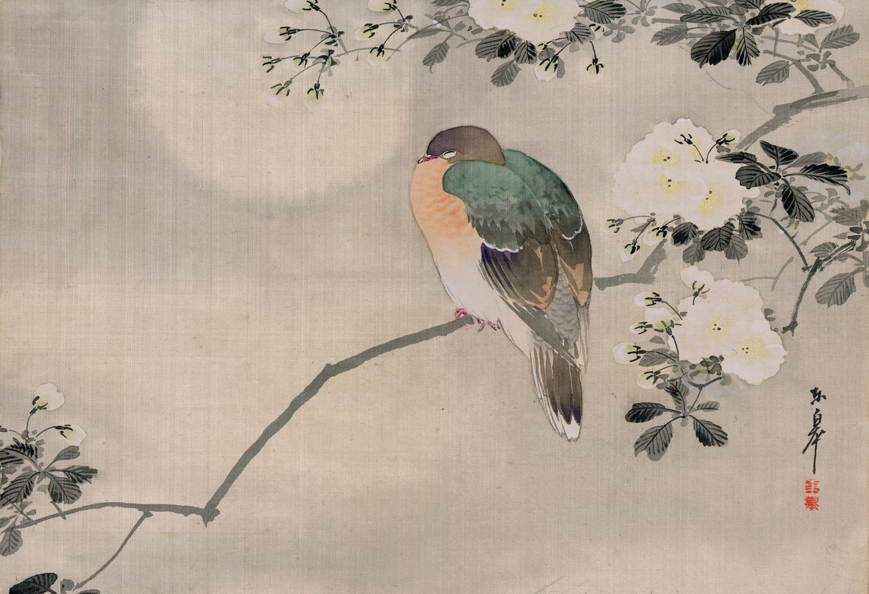 Japanese Silk Painting of a Wood Pigeon by Japanese School