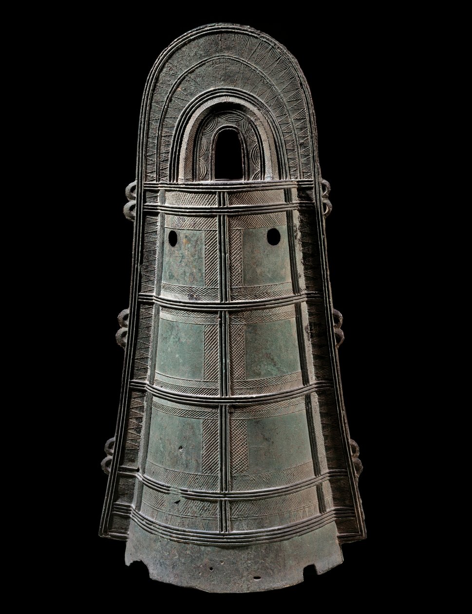 Japanese art: Dotaku (bronze bell). Sun. 0.8 m Civilization Yayoi (300 BC-300 AD) Paris, Musee Guimet, Musee national des Arts Asians by Japanese School