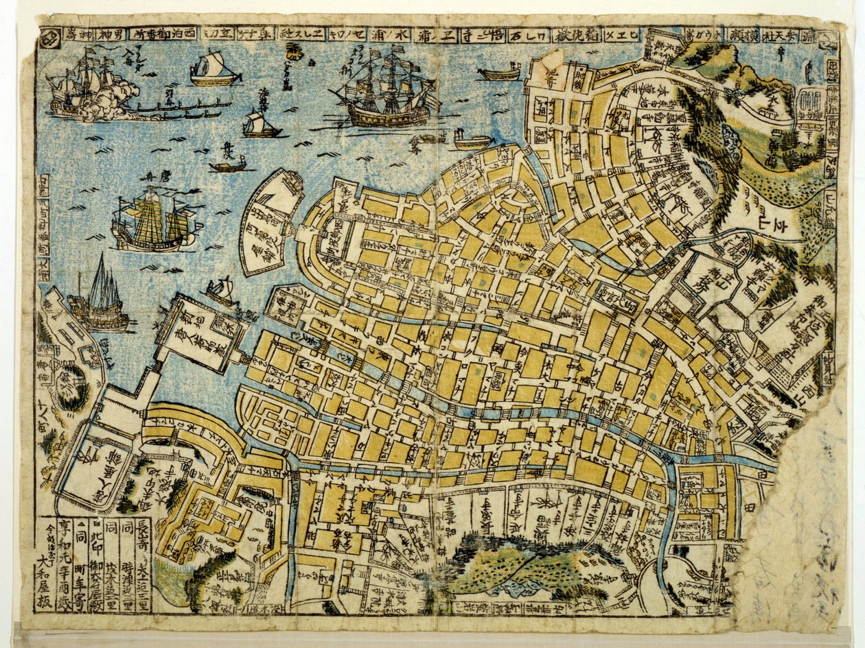 Map of Nagasaki, c.1801 (colour woodcut) by Japanese School