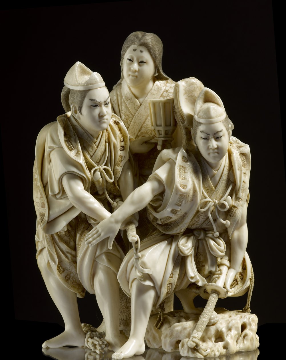 Okimono depicting the Soga Brothers about to slay Suketsune guided to his tent by Tora by Japanese School
